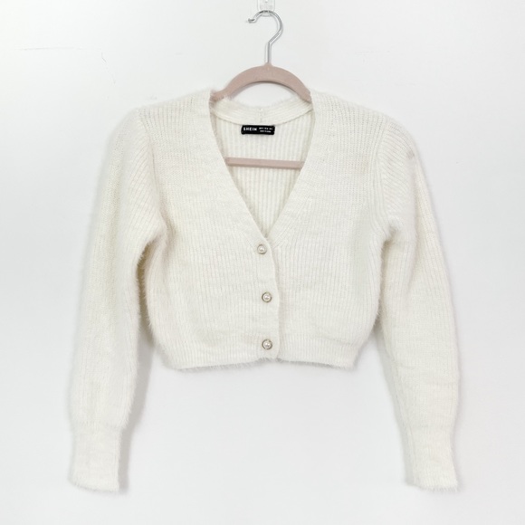 Fuzzy White Cropped Sweater Top Pearl Buttons - Picture 2 of 4
